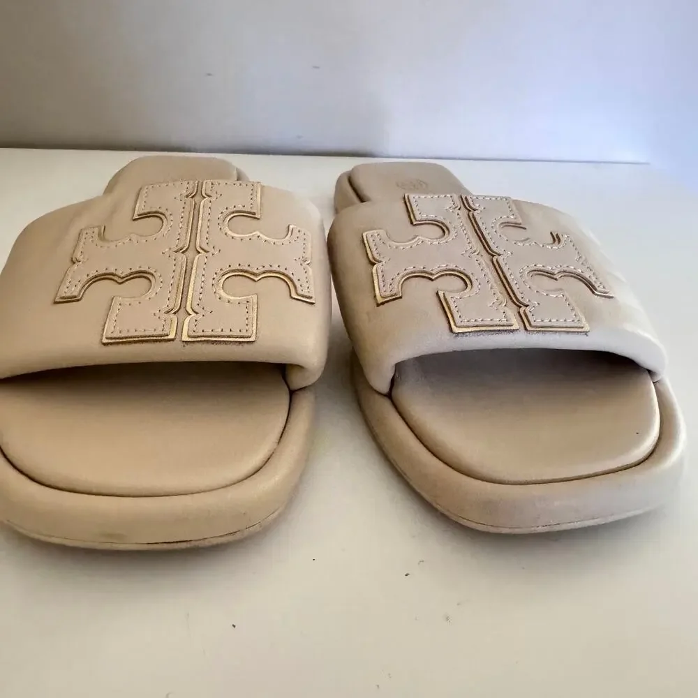 Tory Burch Beige Logo Double T Sport Slide Sandals Size 6